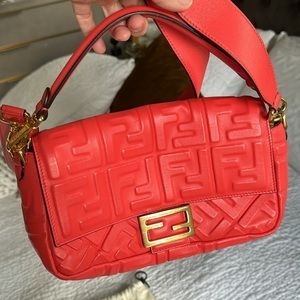 Fendi Baguette FF Embossed Shoulder Bag in Coral Fire